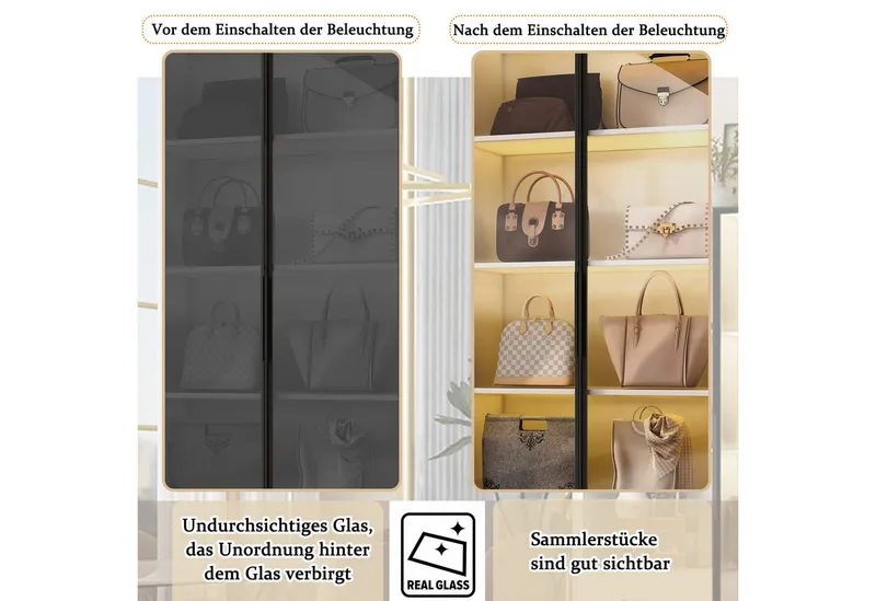 Merax Glasvitrine mit LED-Beleuchtung (60x40x160cm, 1-St., für Wohnzimmer Schlafzimmer) Vitrine mit 2 Schubladen, Hochschrank Stehend Vitrinenschrank, Weiß, – Produktbild 3 von 4