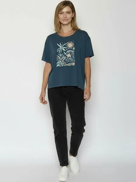 GreenBomb GREENBOMB Plants n Leaves Feel - Lässiges T-Shirt aus Bio-Baumwoll-Mix / hochwertiger Print / GOTS / Fair & Vegan, Blau (ash blue), – Produktbild 3 von 4