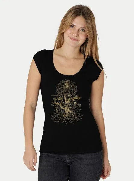 Peaces.bio - handbedruckte Biomode Peaces.bio - handbedruckte Biomode Bio-Damen-Roundneck-Shirt "Ganesha", Schwarz, – Produktbild 2 von 2