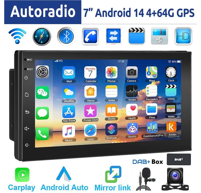 ESSGOO 7 Zoll Doppel 2 DIN Android 14 4+64G Autoradio (Digitalradio (DAB), FM, RDS, FM RDS Bluetooth EQ USB Apple Carplay Android Auto GPS Navi WIFI), Schwarz, – Produktbild 2 von 7
