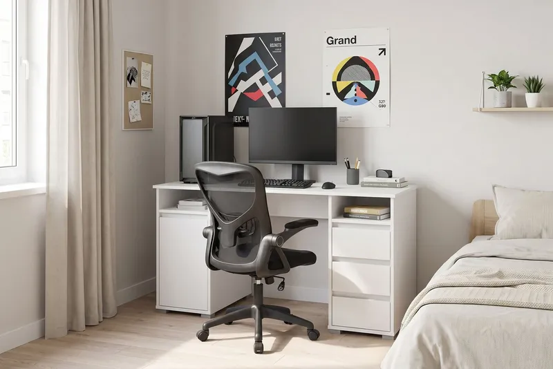 OTTO home Schreibtisch Leeds, Breite 138 cm, Computertisch mit Schubladen, im modernen Design, Weiß, – Produktbild 4 von 5