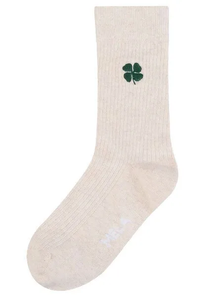 MELA MELA Gerippte Socken Stickerei 1er Pack, Cream melange / klee, – Produktbild 1 von 3