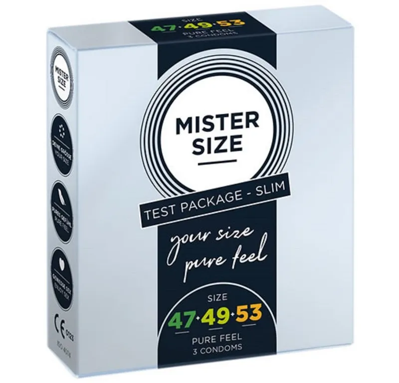 MISTER SIZE Kondome Anprobierpackung SLIM (47-49-53) 3 Größen zum Testen, Packung mit, 3 St., Maßkondome, vegan, extra dünn & extra fein, das passende Kondom in Ihrer Größe, Weiß, – Produktbild 1 von 4