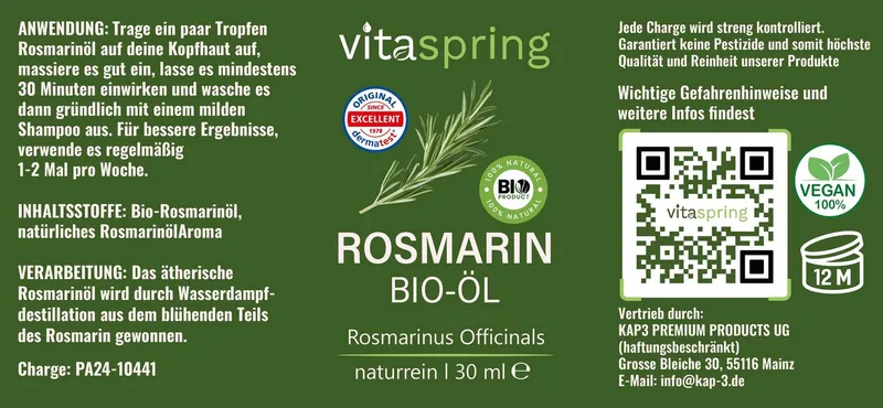 vitaspring Haaröl Rosmarinöl Apothekenqualität für Haare 100% Bio naturrein Rosmarinöl, 100% reines und ätherisches Öl – Produktbild 3 von 5
