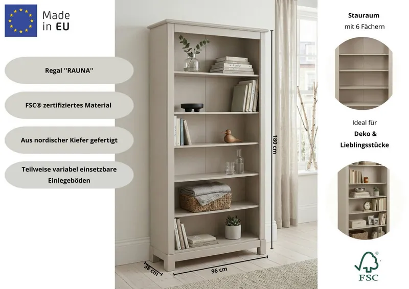 OTTO home Bücherregal Rauna, aus massiver Kiefer, Breite 96 cm, FSC® zertifiziert, Braun, – Produktbild 8 von 8