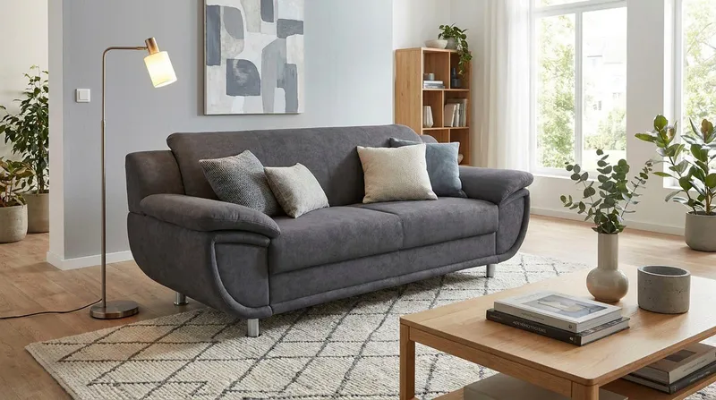 TRENDMANUFAKTUR 2-Sitzer Rondo 178 cm, 2-Sitzer, komfortabel, Federkern optional, Chromfüße, Couch wahlweise mit Federkern und in verschiedenen Bezügen bestellbar, Grau, – Produktbild 2 von 8
