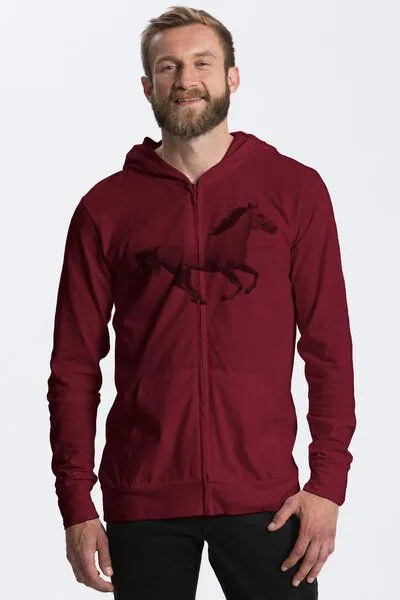 Peaces.bio - handbedruckte Biomode Peaces.bio - handbedruckte Biomode Herren Bio-Jersey-Zip-Hoodie Horsepower, Bordeaux, – Produktbild 1 von 1