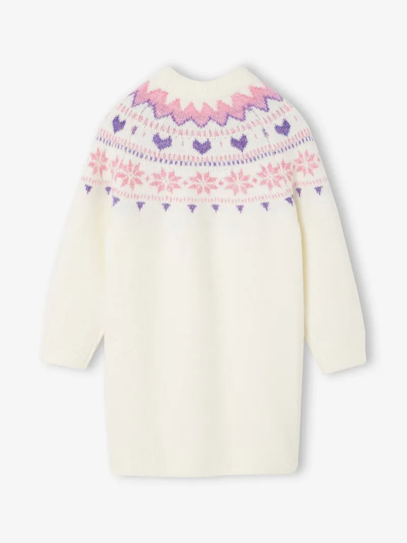 Vertbaudet Mädchen Strickkleid mit Norwegermuster 42% Recycling-Polyester GRS-zertifiziert, Wollweiß, – Produktbild 3 von 4