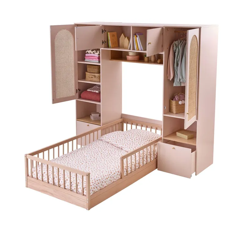 Vertbaudet Vertbaudet Bettüberbau Kleiderschrank mit Rattan-Türen Kinderzimmer, Rosa, – Produktbild 3 von 4