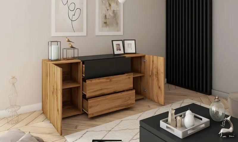 Home affaire Sideboard BERLIN, Moderne grifflose Kommode Breite 150 cm, 4 Schubkästen/ 2 Türen, Beige|schwarz, – Produktbild 4 von 5