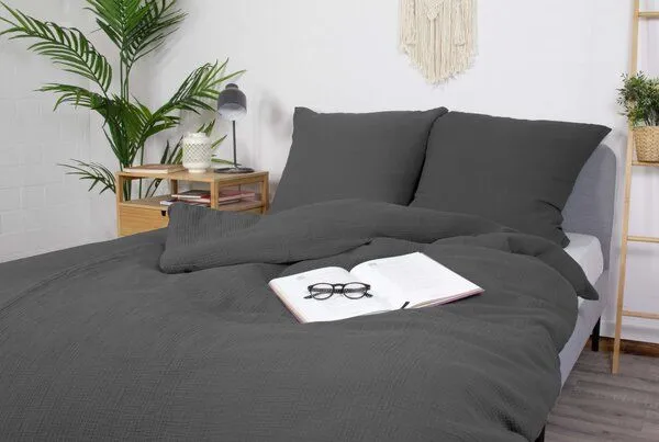 jilda-tex jilda-tex Musselin-Bettwäsche Medina 100% Bio-Baumwolle Made in Green in naturfarben, Dunkelgrau, – Produktbild 1 von 3