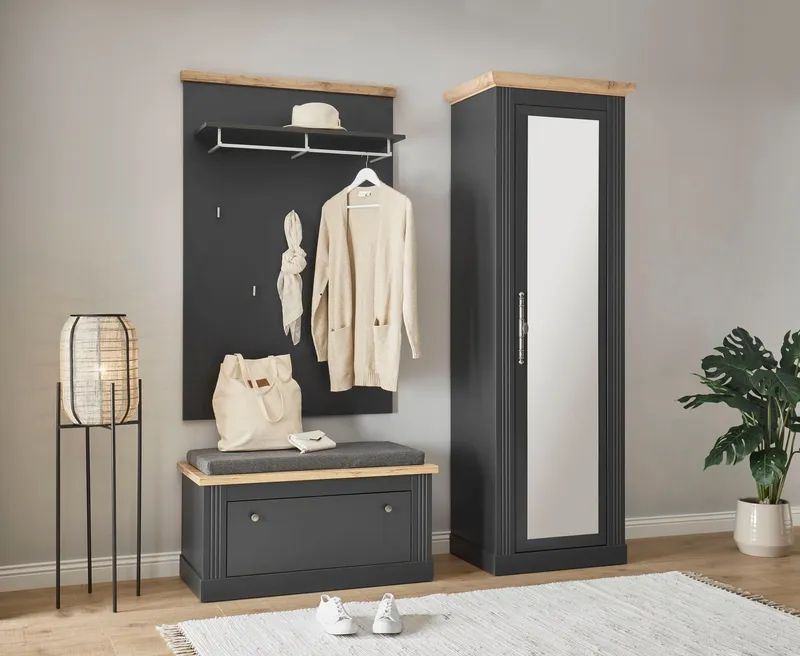 OTTO home Garderobenpaneel Westminster, Wandregal im Landhausstil Flurgarderobe Garderobe Paneel, mit Ablage, Haken & Kleiderstange aus Metall, in 2 Farben erhältlich, Grau, – Produktbild 3 von 5