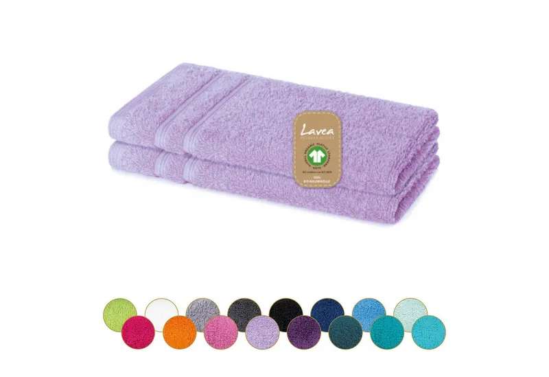 Lavea Gästehandtuch Bali Gästetücher 30x50 cm, Gästetuch, Gästehandtücher klein, Weiches Bio-Baumwollfrottee (Set, 2-St), Handtuch, Gästehandtuch-Set, GOTS-zertifiziert, Lila, – Produktbild 1 von 5