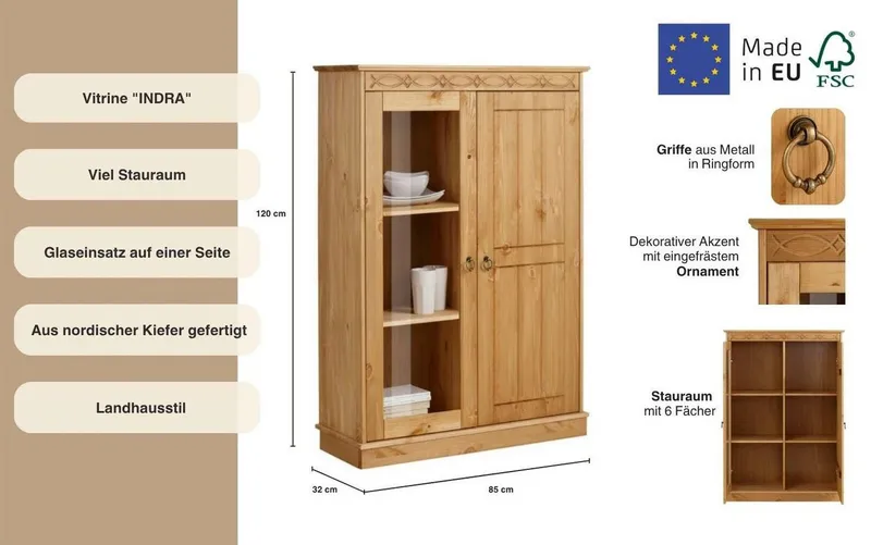 OTTO home Highboard Indra, Vitrine, Breite 85 cm, aus massiver Kiefer, Beige, – Produktbild 1 von 5