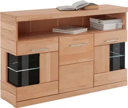 OTTO home Sideboard Ribe,130cm breit,Fronten Massivholz,2Türen mit gehärtetem Glaseinsatz, Korpus aus Holzwerkstoff, Metall Griffe,7 Fächer, Böden versetzbar – Produktbild 1 von 1