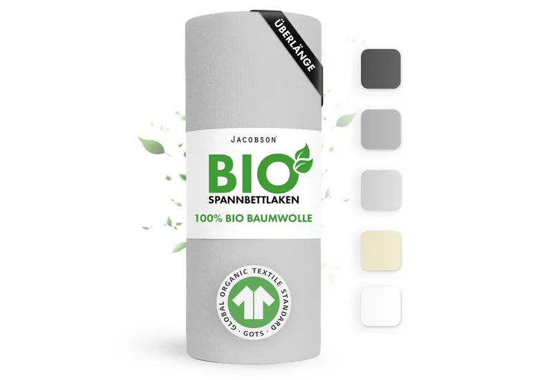 Jacobson Spannbettlaken BIO, Jersey Spannbetttuch, Bettlaken 160 g/m², 100% BIO-Baumwolle, Gummizug: rundum, Grau|silberfarben, – Produktbild 1 von 8