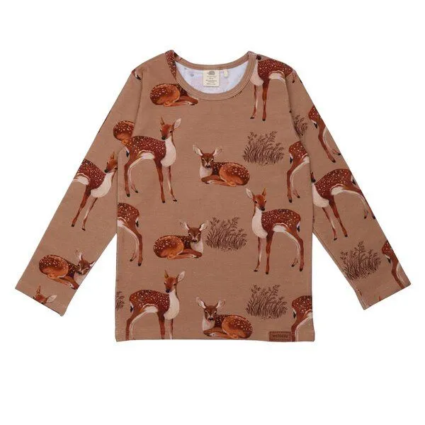 Walkiddy Baby Langarmshirt GOTS zertifiziert, 95% Bio-Baumwolle, braun, Hirsch-Muster, weich & bequem – Walkiddy – Produktbild 1 von 2