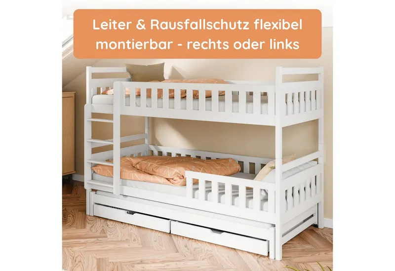 Kids Collective Etagenbett Hochbett Stockbett Kinderbett 90x200 cm mit Ausziehbett und Schubladen (Umbaubar zu 3 Einzelbetten), mit Lattenrosten & Rausfallschutz weiß, Weiß, – Produktbild 5 von 5