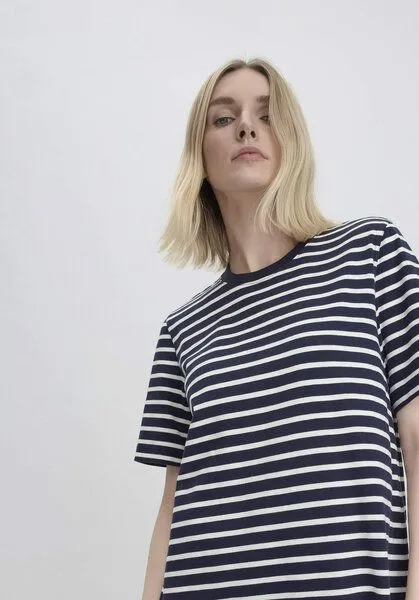 hessnatur hessnatur Streifen Heavy Jersey Slub Kleid Knielang Relaxed aus reiner Bio-Baumwolle, Marine, – Produktbild 2 von 4
