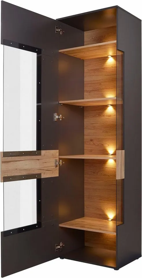 FORTE Vitrine Como Vitrine, Glastüre, LED Beleuchtung, Soft Close Linksanschlag, Grau, – Produktbild 6 von 8