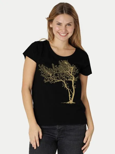 Peaces.bio - handbedruckte Biomode Peaces.bio - handbedruckte Biomode Bio-Damen-Loosefit-T-Shirt Fancy Tree, Schwarz, – Produktbild 1 von 2