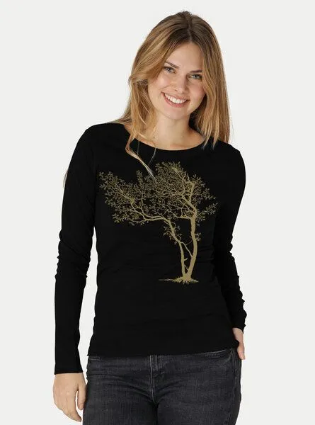 Peaces.bio - handbedruckte Biomode Peaces.bio - handbedruckte Biomode Bio-Damen-Langarmshirt "Fancy Tree", Schwarz, – Produktbild 3 von 3
