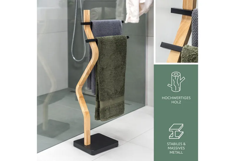 eluno Handtuchständer freistehend, 2 Stangen FSC-Holz und schwarzem Metall, Schwarz, – Produktbild 4 von 5