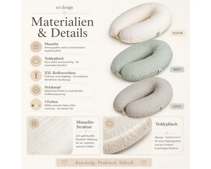 SEI Design Stillkissen Musselin GOTS & Teddyplüsch, Faserbällchen, IGR, Grau, 190x35, Schwangerschaftskissen mit Bezug, 1-tlg., Schwangerschaftskissen mit Bezug, Bezug Musselin Baumwolle, Grau, – Produktbild 4 von 5