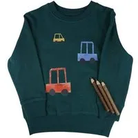 MelaDi Meladi Kinder Sweater aus Biobaumwolle - Autos auf Forrest Green – Produktbild 1 von 1