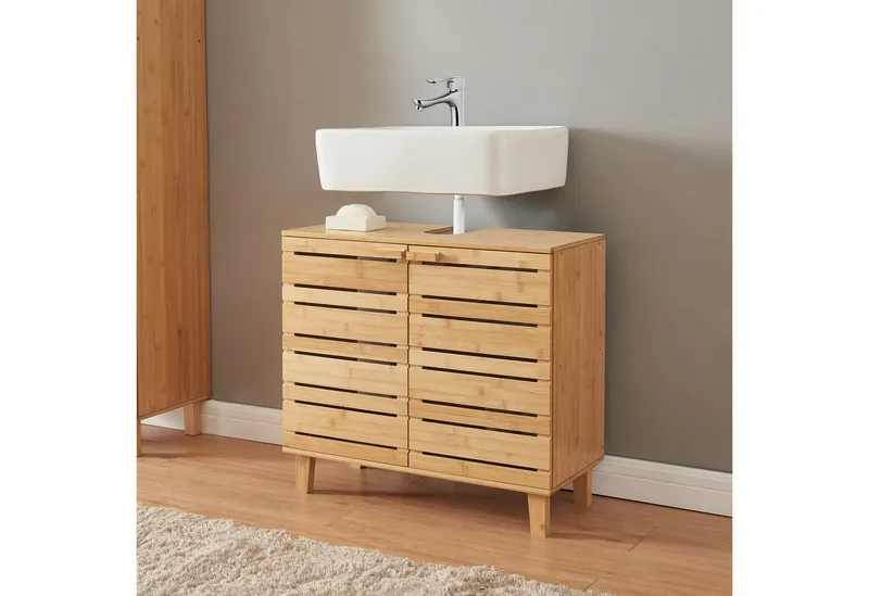en.casa Waschbeckenunterschrank »Epind« Badezimmerschrank 60 x 66 x 30 cm Bambus Natur, Beige, – Produktbild 2 von 5