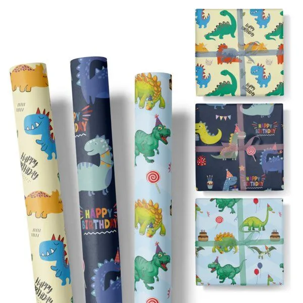 Fines Papeterie Fines Papeterie 3x 3m Geschenkpapier HAPPY BIRTHDAY DINO Set für Kinder 3 Rollen je 300x47 cm Einpackpapier mit Dinosauriern – Produktbild 1 von 4