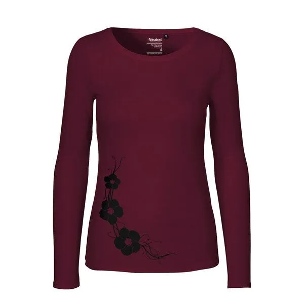 HANDGEDRUCKT HANDGEDRUCKT "Hibisken" Frauen Longsleeve aus reiner Biobaumwolle (kbA), Bordeaux, – Produktbild 1 von 3