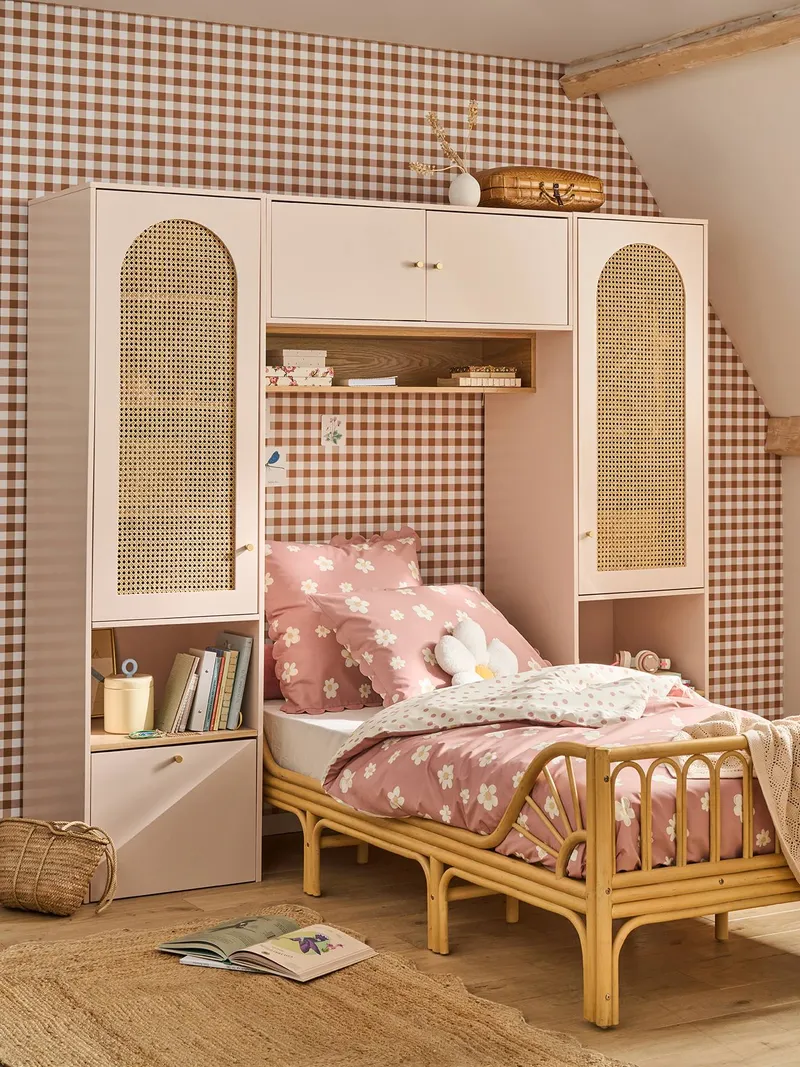 Vertbaudet Vertbaudet Bettüberbau Kleiderschrank mit Rattan-Türen Kinderzimmer, Rosa, – Produktbild 1 von 4