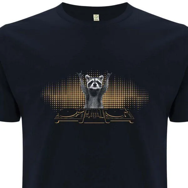 Spreecult Spreecult DJ Waschbär - Bio und Fair - Männer Unisex T-Shirt - Turntable Racoon, Navy, – Produktbild 1 von 3