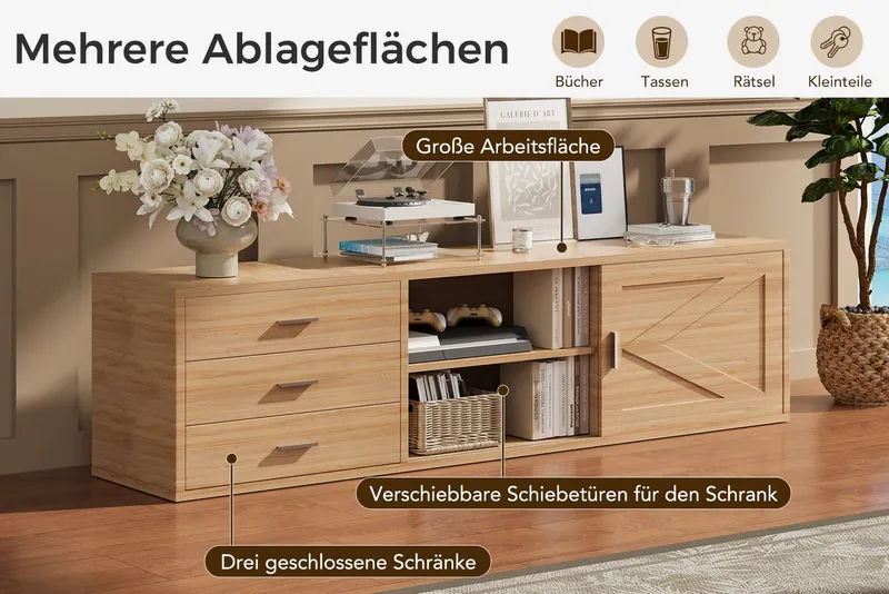HOMAVO Lowboard TVG1 mit 3 Schubladen & Schiebetür, 160 - 180 cm (FSC®, viel Stauraum, pflegeleicht), Bodenstehendes TV-Lowboard mit Stauraum, Natur, – Produktbild 2 von 5