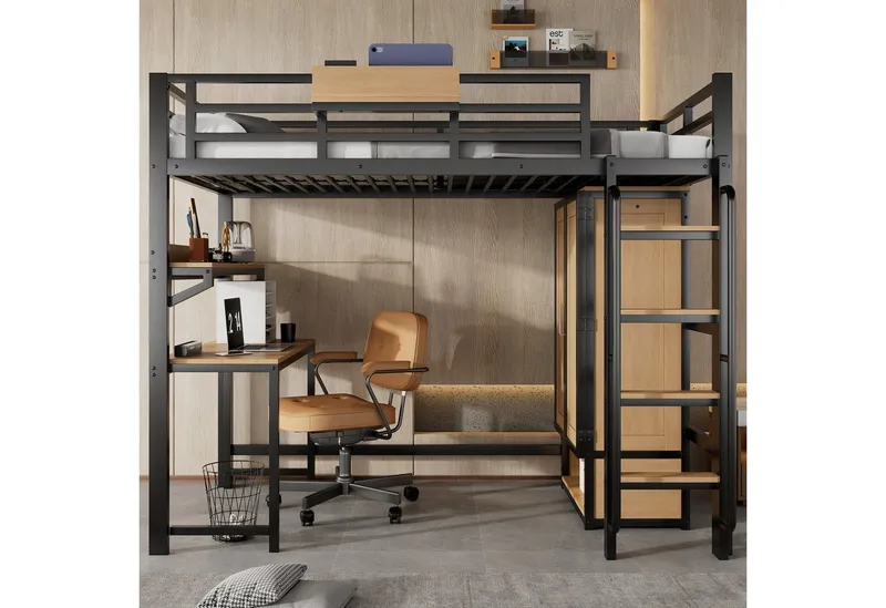 Odikalo Hochbett 90x200 Metallbett mit Schreibtisch,Kleiderschrank (Eisenbett, Jugendbett, Kinderbett, Mit Doppeltür-Kleiderschrank, Treppe mit Handläufen, Mit Schreibtisch und Aufbewahrungsregal, Oberes Bett mit Ablagefächern, Eisen + MDF, Schwarz+Natur – Produktbild 2 von 4