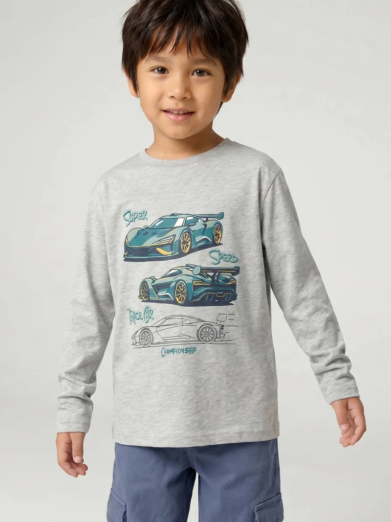 Vertbaudet Jungen Langarmshirt mit witzigem Sport-Print, Grau meliert, – Produktbild 1 von 4