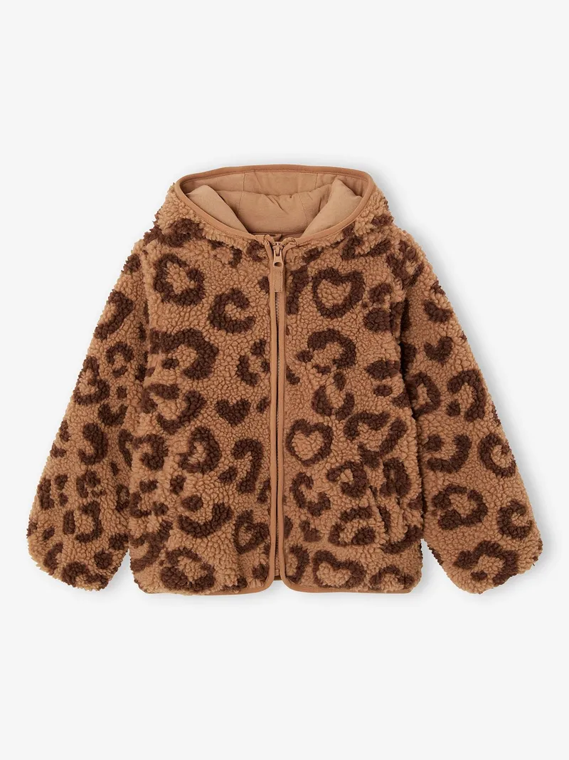 Vertbaudet Vertbaudet Übergangsjacke aus Teddyfleece mit Kapuze und Leopardenmuster Mädchen, Braun bedruckt, – Produktbild 3 von 4