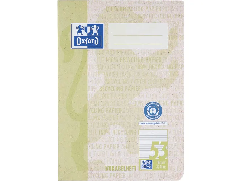 OXFORD OXFORD Recycling-Vokabelheft DIN A5, Lineatur 53 (2 Spalten), 32 Blatt, geheftet, 90 g/m² – Produktbild 1 von 1