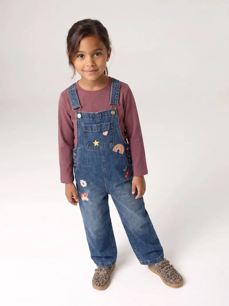 Vertbaudet Mädchen Jeans-Latzhose mit weitem Bein mittel, Mittelblau, – Produktbild 3 von 4
