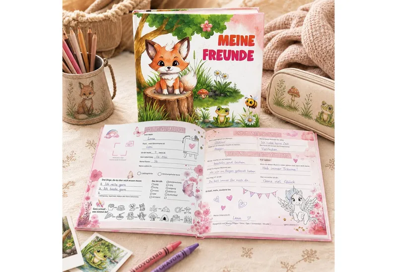 TOBJA Poesiealbum Freundebuch Grundschule Waldtiere 21x21 cm - 30 Freunde, 8 Erwachsene, Waldtier-Motiv, 92 Seiten, 30 Doppelseiten, FSC®-Papier – Produktbild 3 von 5