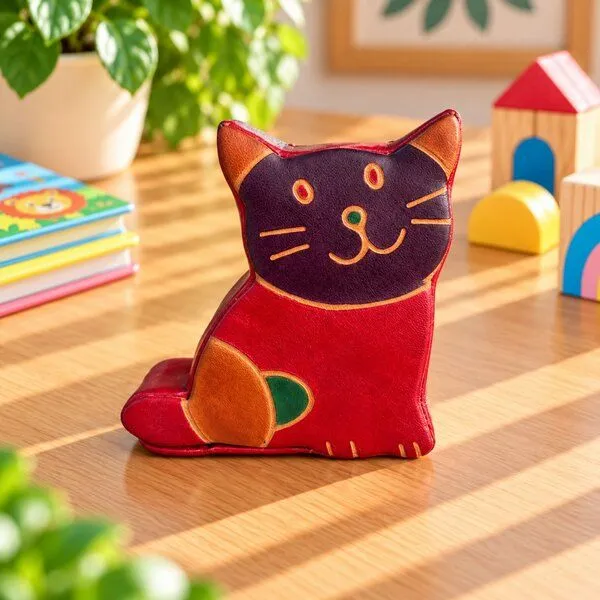 Janselo Sitzende Katze Kinder-Spardose aus Shanti-Leder in Rot – Produktbild 1 von 4