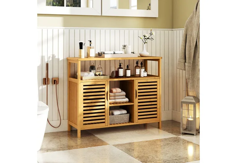 COSTWAY COSTWAY Badkommode, Badezimmerschrank Bambus mit Lamellentüren, 100x35x80cm, Beige, – Produktbild 2 von 5