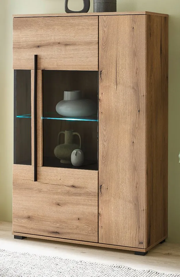 Furn.Design Highboard Design-D (Kommode in Evoke Eiche Dekor, 90 x 140 cm), 6 Staufächer und 2 Vitrinenfächer, Beige, – Produktbild 2 von 5
