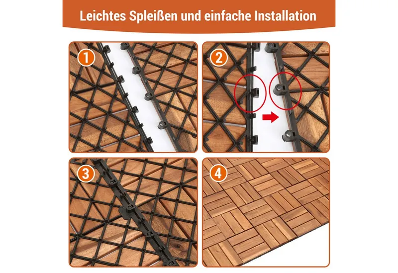 Clanmacy Holzfliesen 1-10 Terrassenfliesen, 11-110 Stück, Akazien-Holz Balkonplatten - 5, 55er Set, 55 St., 30x30cm = 1qm pro Fliese, rutschfest, Stecksystem, langlebig – Produktbild 3 von 5
