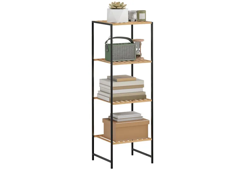 HOMCOM HOMCOM Standregal Badregal mit 4 Ablagen, 36,5x33x110cm, Natur, Aufbewahrungsregal 1-tlg., für Wohnzimmer, Schlafzimmer, Beige, – Produktbild 2 von 5