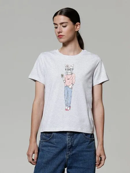 watapparel watapparel T-Shirt Frauen Hipster Cat with Moustache, Cool heather grey, – Produktbild 2 von 4