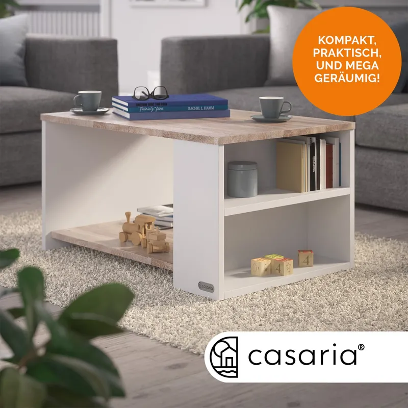 Casaria® Couchtisch Santa Cruz Weiß/Eiche 90x60x50cm, Mehrfarbig, – Produktbild 2 von 2