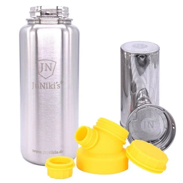 JN JuNiki's JN JuNiki's isolierte Edelstahl Trinkflasche 1 Liter + Teefilter, Gelb, – Produktbild 1 von 4