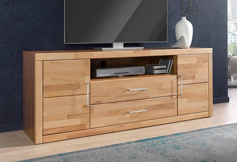 OTTO home Lowboard Logo,160cm breit,42 cm tief, Fronten Massivholz, Kabeldurchführung, Korpus Holzwerkstoff,62 cm hoch, 5 Fächer, Metallgriffe, Braun, – Produktbild 2 von 5